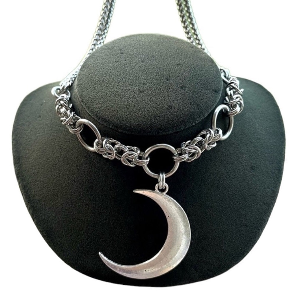Handmade maille links stainless steel wheat chain necklace with moon charm